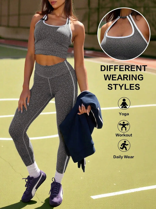 Fisoew Seamless Workout Sets, Ribbed Yoga Outfits Cropped Top & High Waisted Leggings Gym Clothing For Running Sports