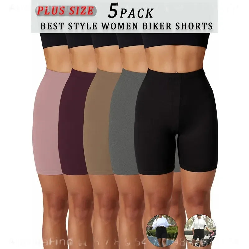5 Pack Women Plus Size High Elasticity Biker Shorts 6 Inch Inseam Full Coverage Non Sheer Tight Fit Athletic Pants for