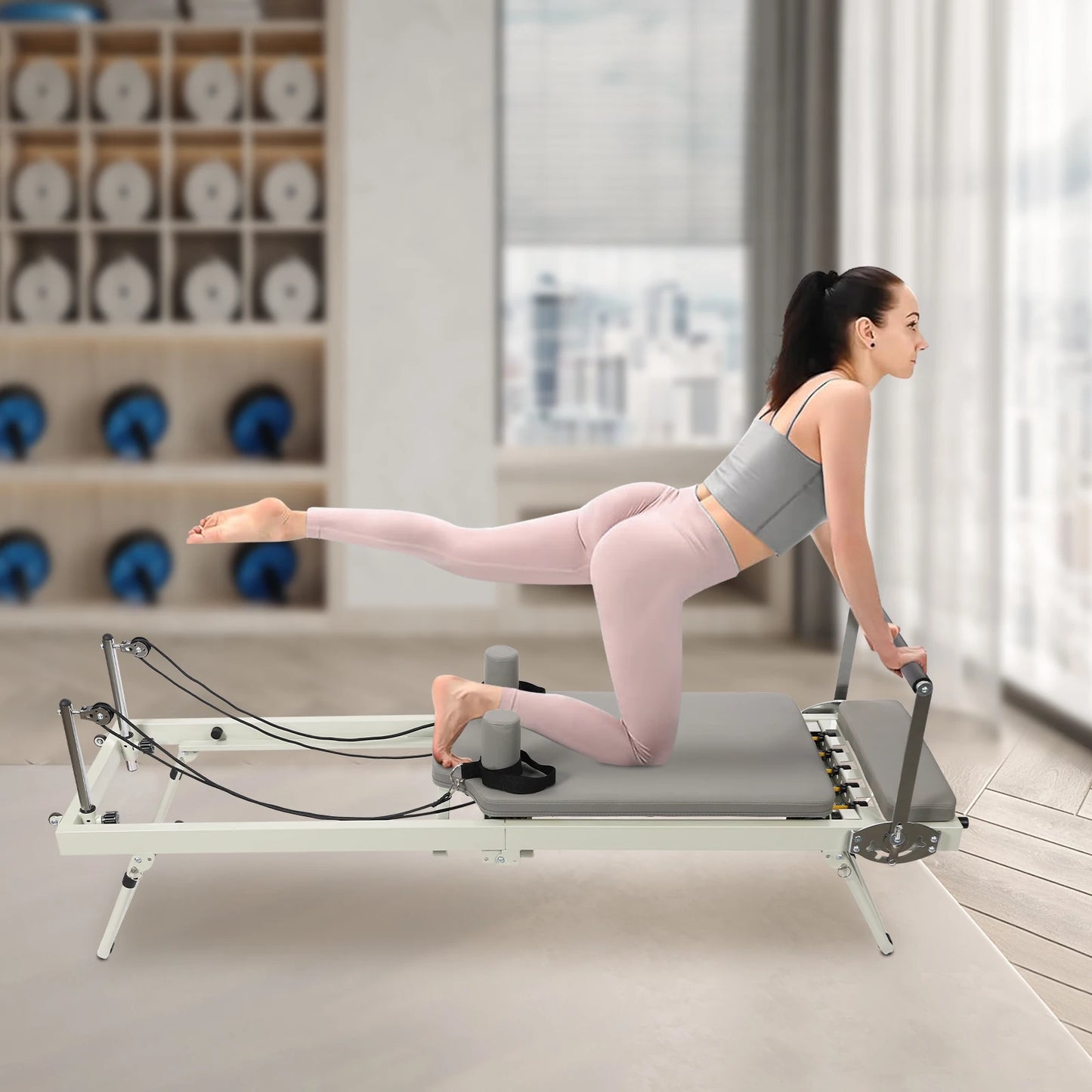 Foldable Pilates Reformer Machine Portable Fitness Equipment Multifunctional Yoga Fitness Equipment Pilates Exercise Equipment Grey/Black Use in Homes/Offices/Yoga Studios/Gyms