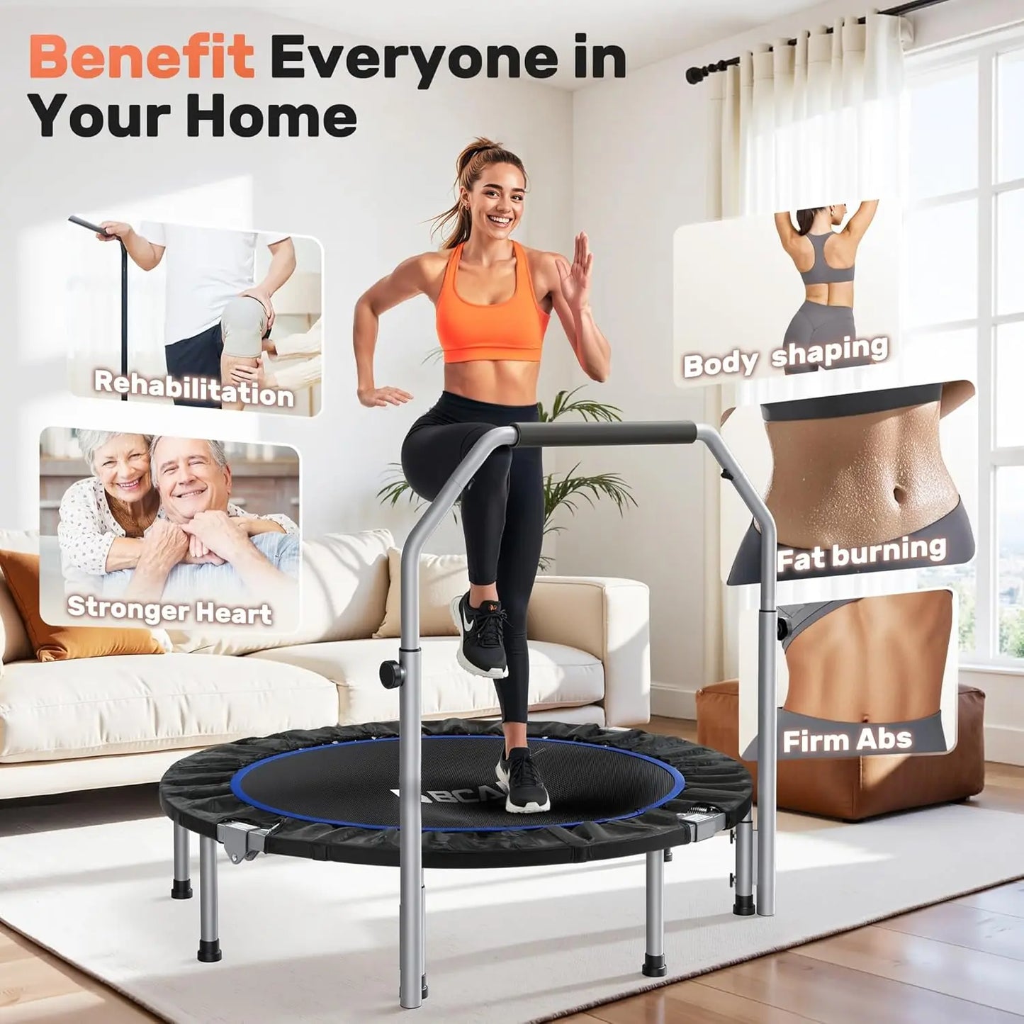 40/48“ Foldable Mini Trampoline with Adjustable Foam Handle Fitness Rebounder for Adults Max Load 440 Lbs Exercise Trampoline