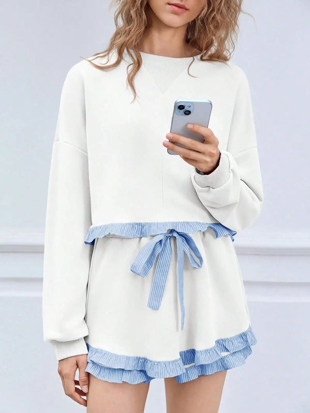 Fisoew Women's Y2K Aesthetic Lounge Set Prairie Chic Ruffle Trim Cropped Sweatshirt Drawstring Shorts