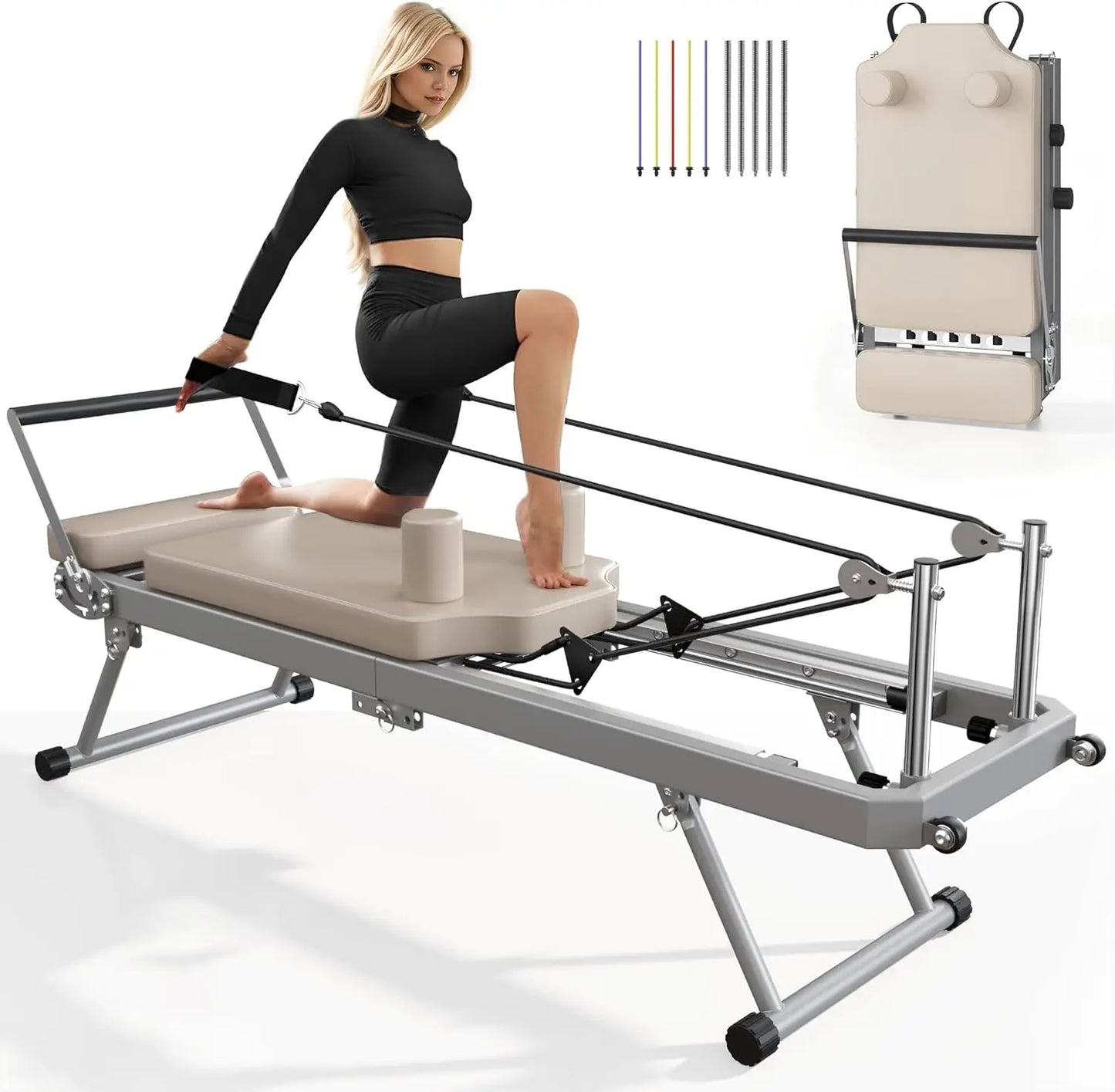 Foldable Pilates Reformer With Alloy Springs For Beginners Home Gym