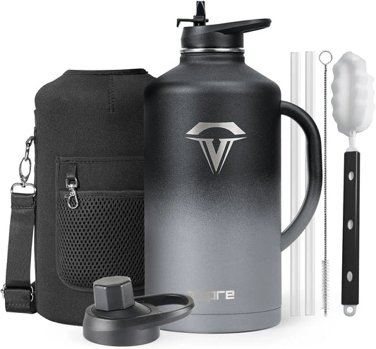 Heavy-Duty 1 Gallon Stainless Steel Water Bottle with Straw, Lid, and Handle, 128oz Insulated Travel Jug, Leakproof Metal Flask,