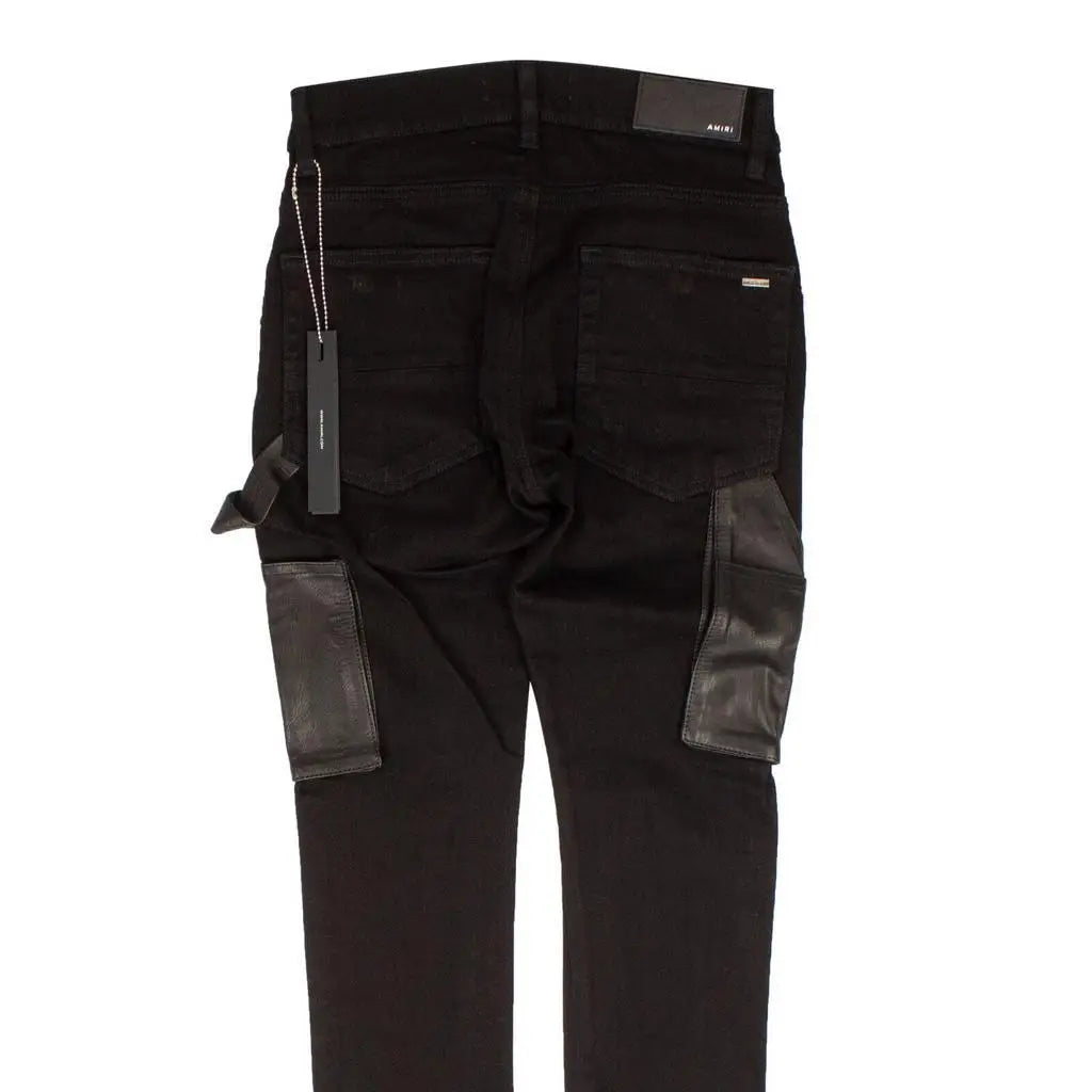 Amiri Men's Black Comfort Fit Breathable Sweatpants Sportswear Casual Active Wear Leather Trimmed