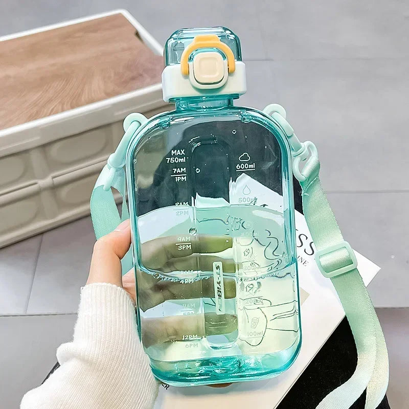 Flat Square Transparent Water Bottle With Adjustable Strap For Travel