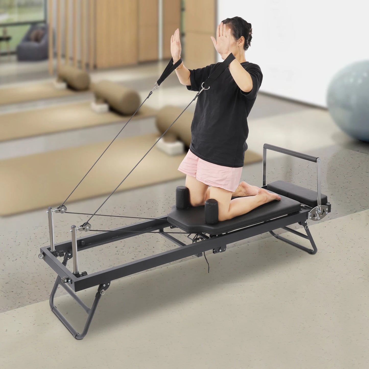 Foldable Pilates Reformer Machine Portable Fitness Equipment Multifunctional Yoga Fitness Equipment Pilates Exercise Equipment Grey/Black Use in Homes/Offices/Yoga Studios/Gyms