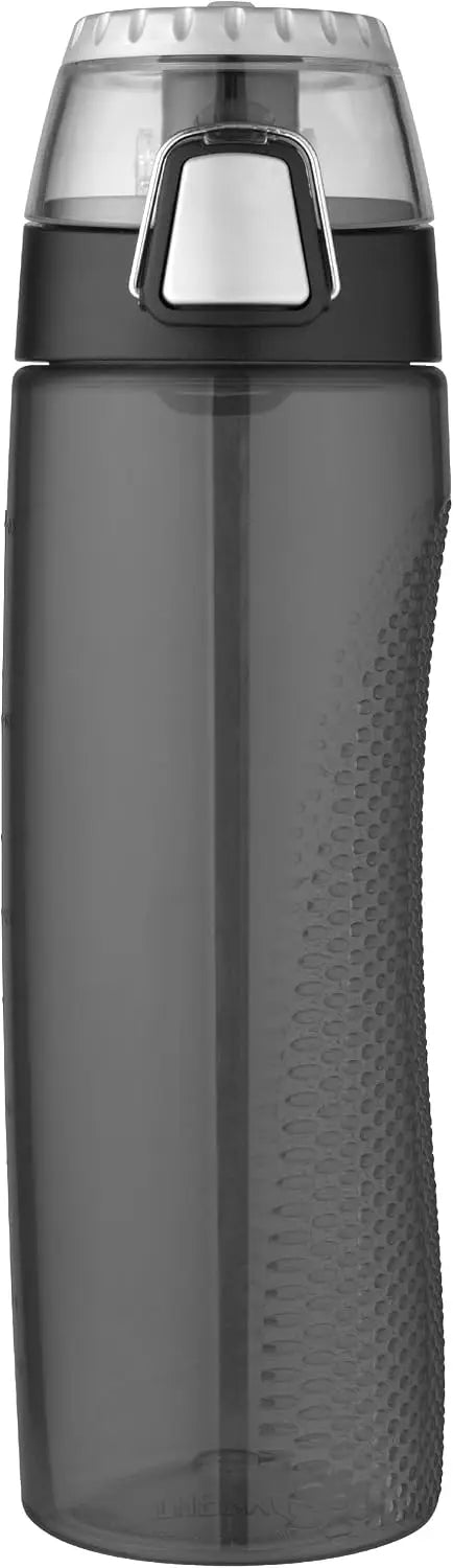 24-Ounce BPA-Free Plastic Water Bottles, 6-Pack, with Hydration Meter, Leak-Proof Lid, and Push Button Sipper, Smoke Color