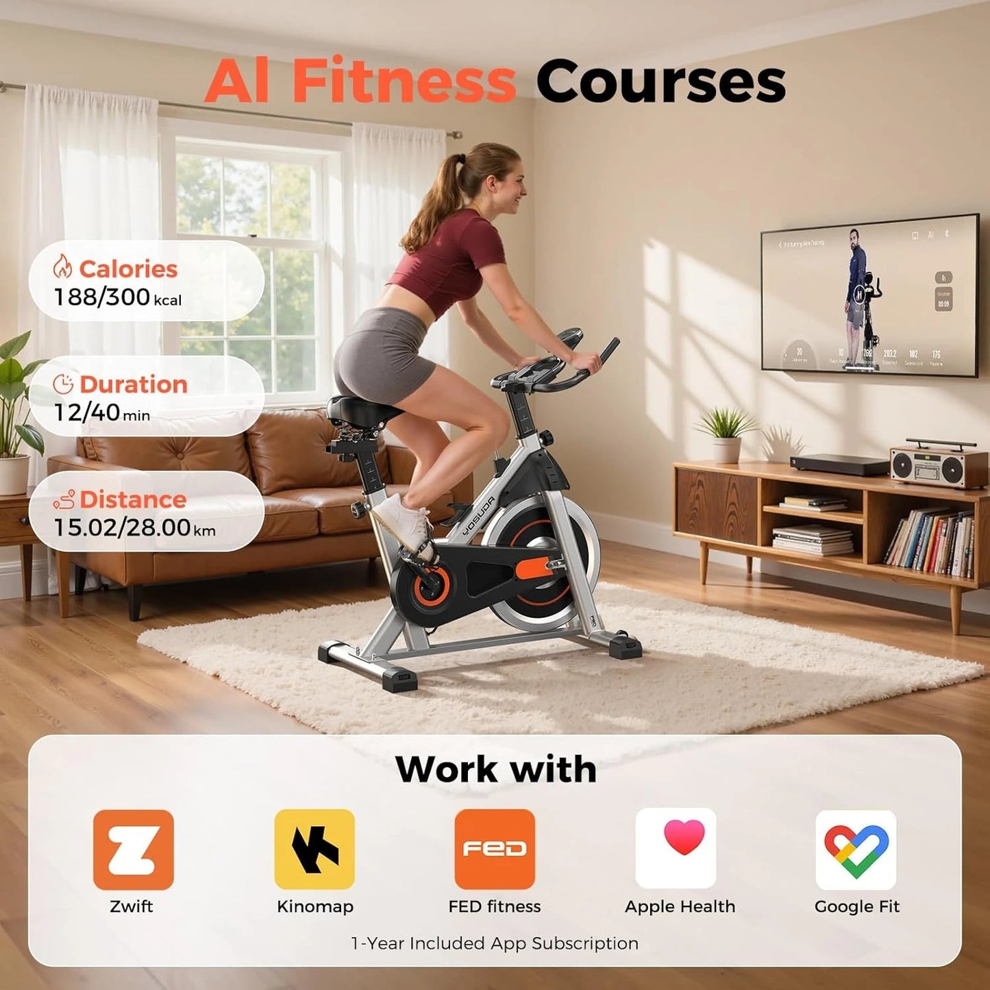 YOSUDA Exercise Bike, Brake Pad Stationary Bike for Home with Exclusive App, Magnetic Indoor Cycling Bike with 300 lb Weight