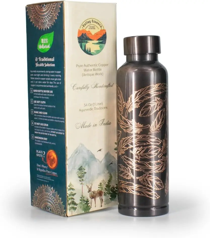 Copper Water Bottle 34 oz (1 Liter) with Feather Pattern, 320g Durable Construction, Leakproof, Handcrafted Design, Eco-Friendly