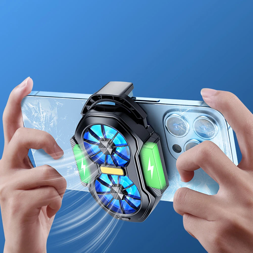 Dual Fan Mobile Phone Cooler Plug-in/Rechargeable Cell Phone Cooling Fan Type-C with Blue Light for Android Smartphones iPhone