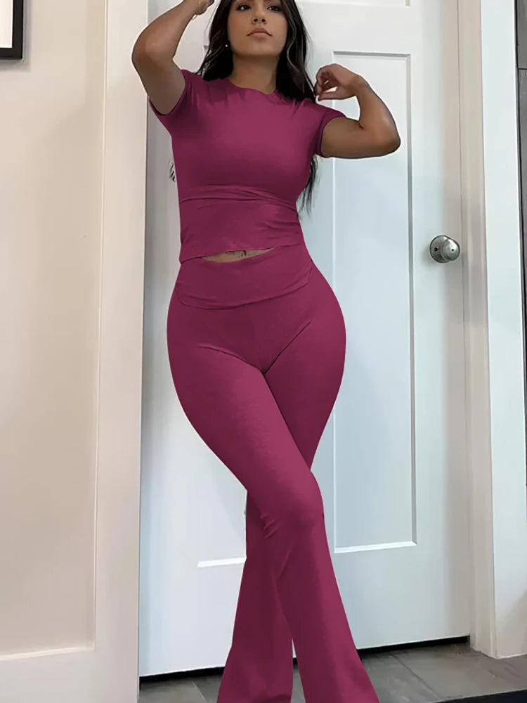 Women’s Two-Piece Yoga Set Short Sleeve Top And Flared Trousers