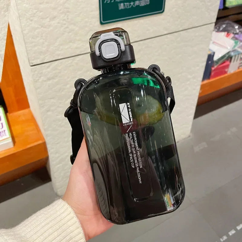 Flat Square Transparent Water Bottle With Adjustable Strap For Travel