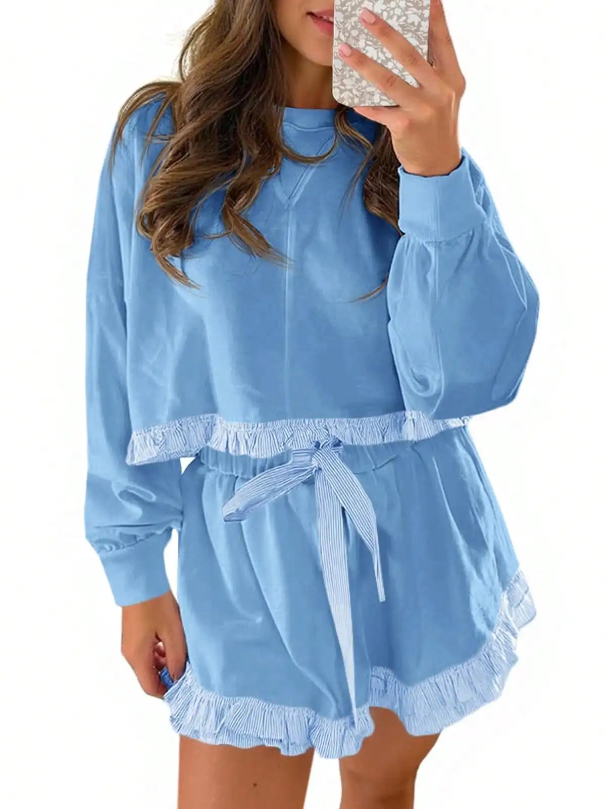 Fisoew Women's Y2K Aesthetic Lounge Set Prairie Chic Ruffle Trim Cropped Sweatshirt Drawstring Shorts