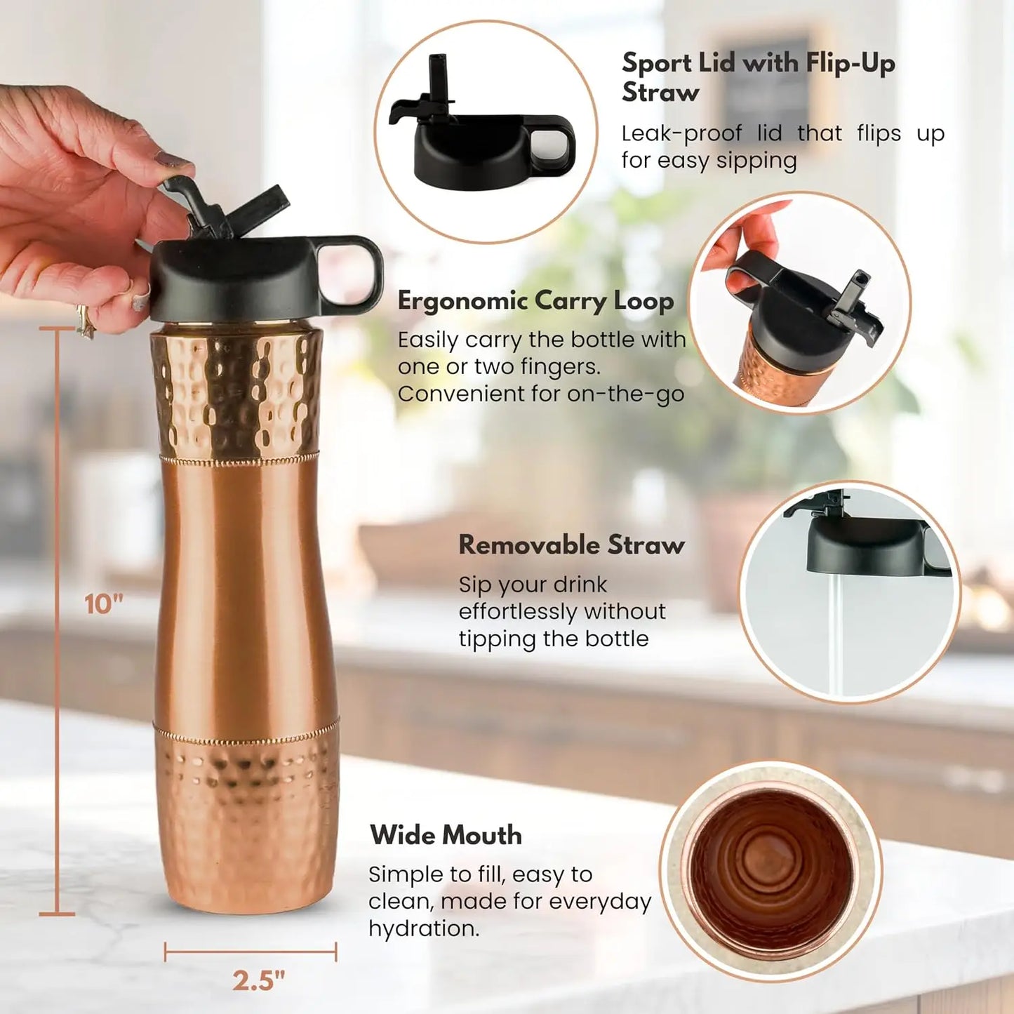 Copper Water Bottle with Straw and Sports Lid, 33.5oz (950ml), Leak-Proof Split Hammered Design Vessel for Daily Hydration, Ayur