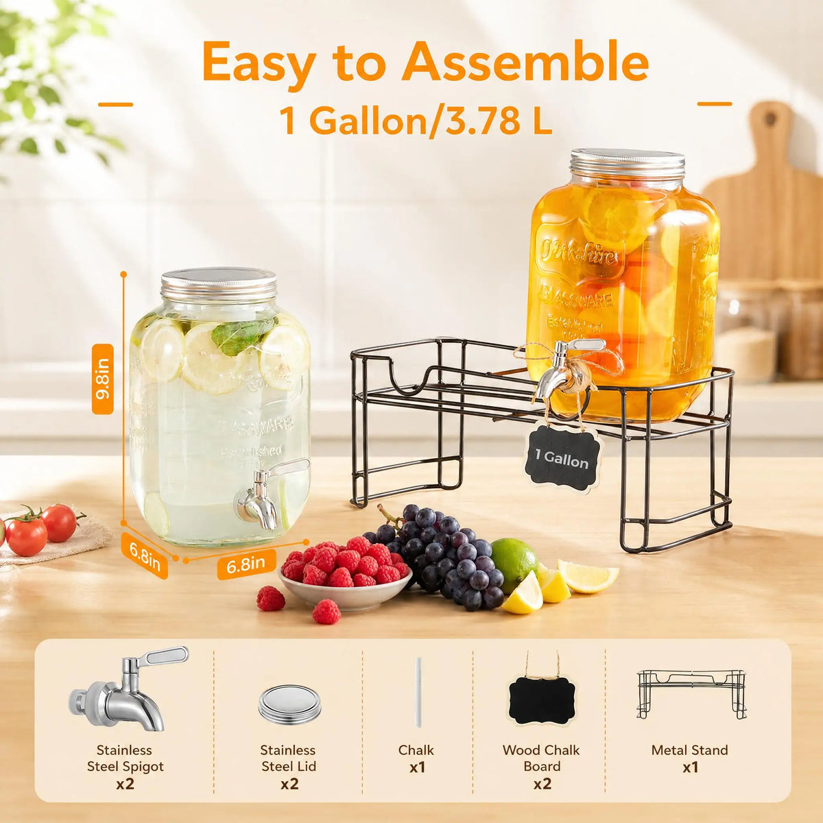 Glass Beverage Dispenser Set With Stainless Steel Spigot And Stand