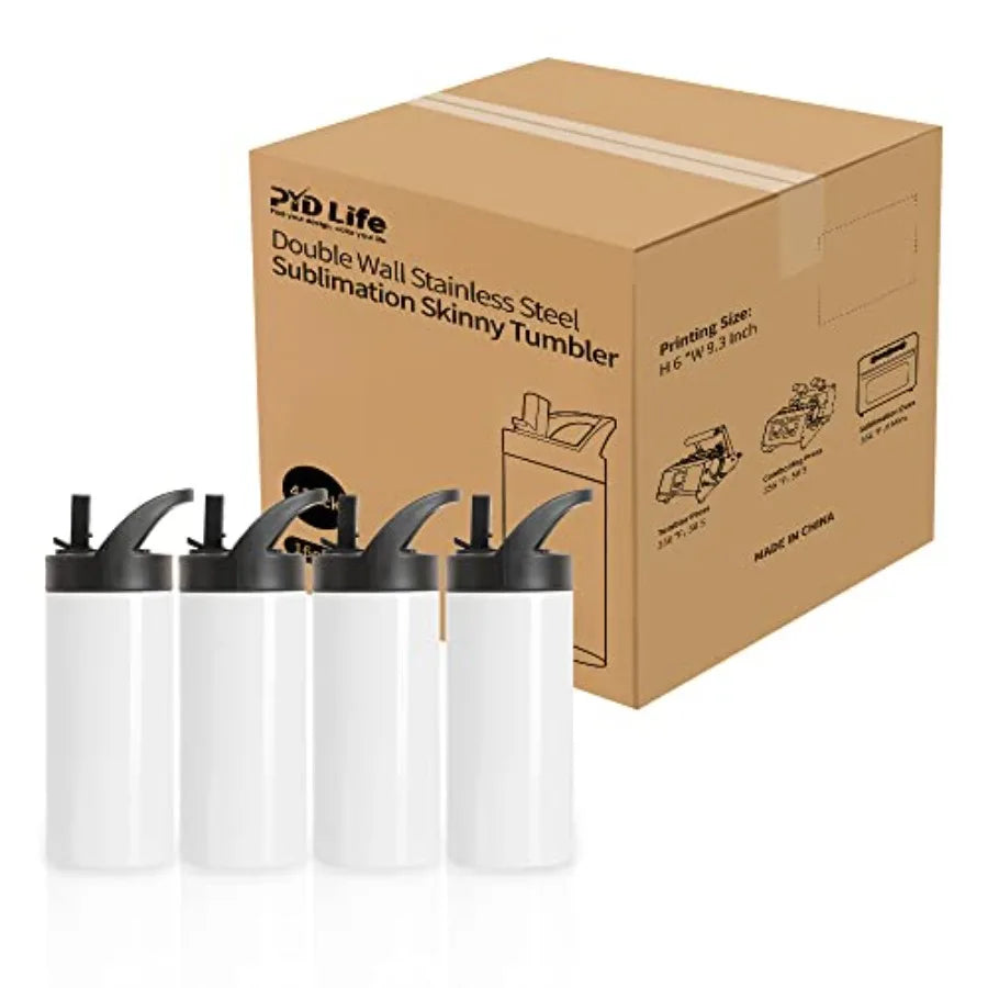 4 Pack Sublimation Sports Water Bottle Blanks 16 OZ White Stainless Steel Vacuum Flask Tumblers Cups with Sippy Up Lid and Stra