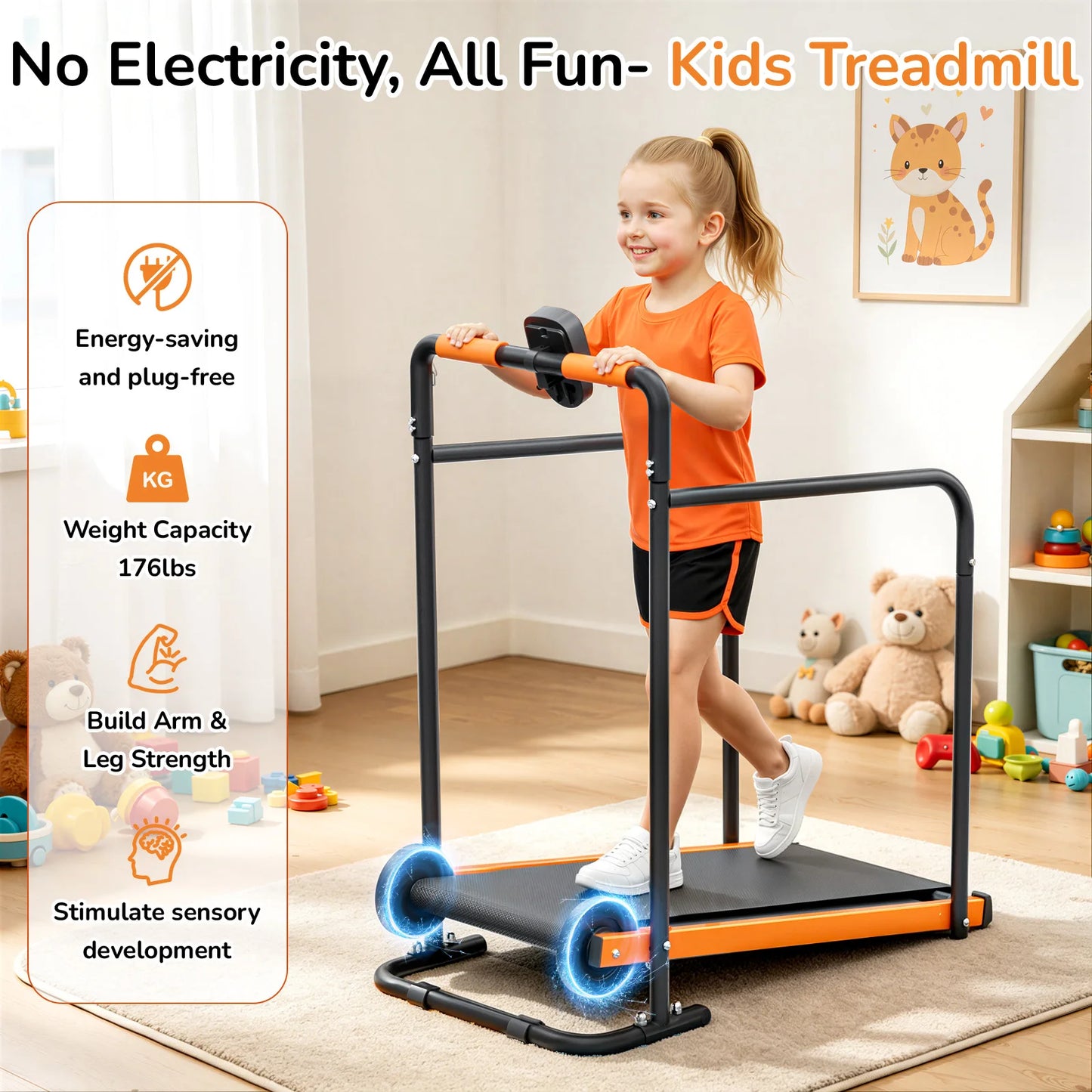 AKLUER Kids Walking Pad Treadmill - Non-Electric Indoor Exercise Equipment for Boys & Girls, Self-Propelled Fitness Toy with Front Padded Rails, Safe Active Play Gym for Home Use