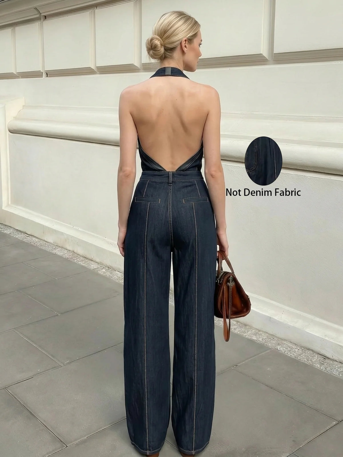 Women's Halter V Neck Sleeveless Jumpsuit Contrast Stitch Detail Front Button High Waist Wide Leg Pocket Casual Ladies Jumpsuit