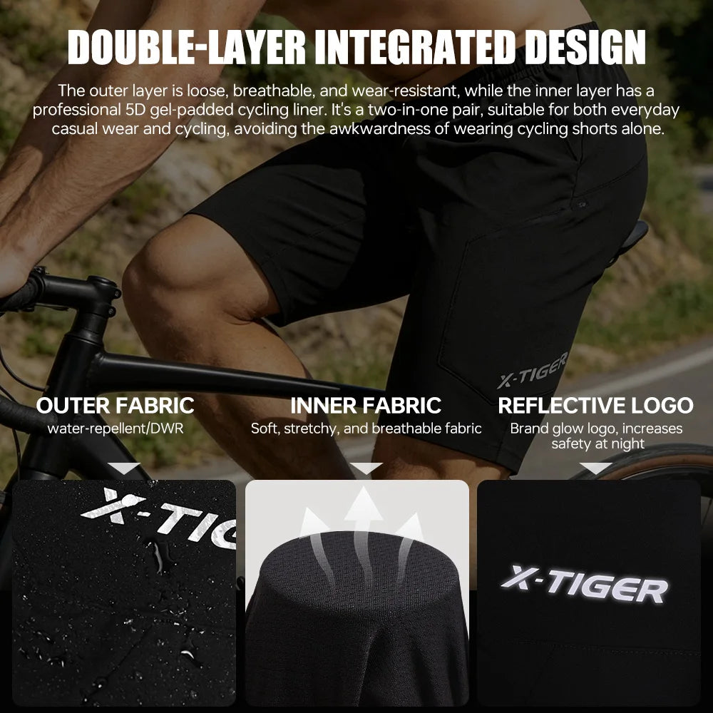 X-TIGER 2 In 1 Cycling Shorts Padded MTB Waterproof Wearproof
