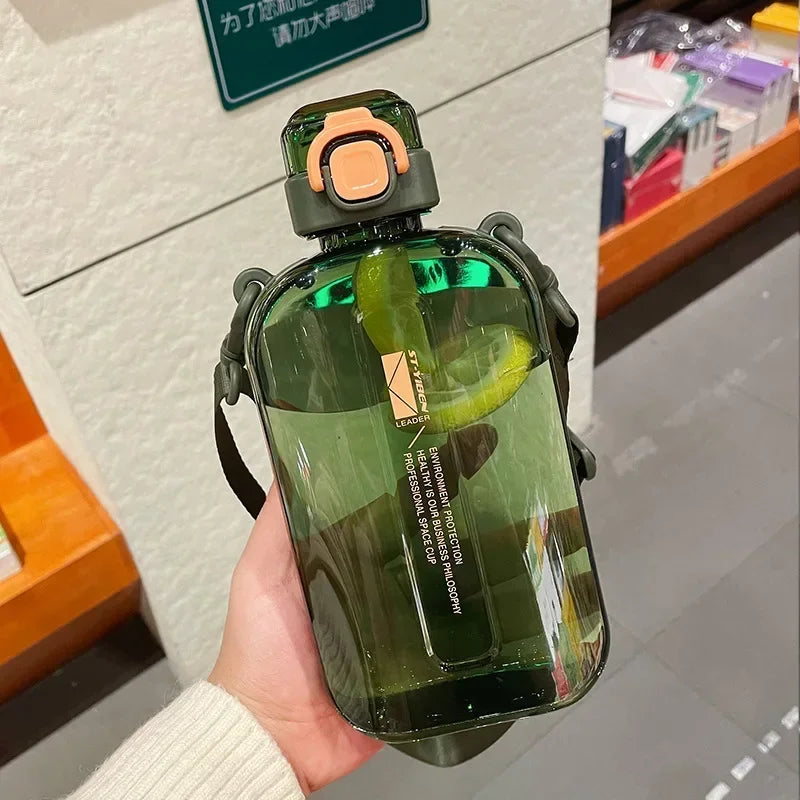 Flat Square Transparent Water Bottle With Adjustable Strap For Travel