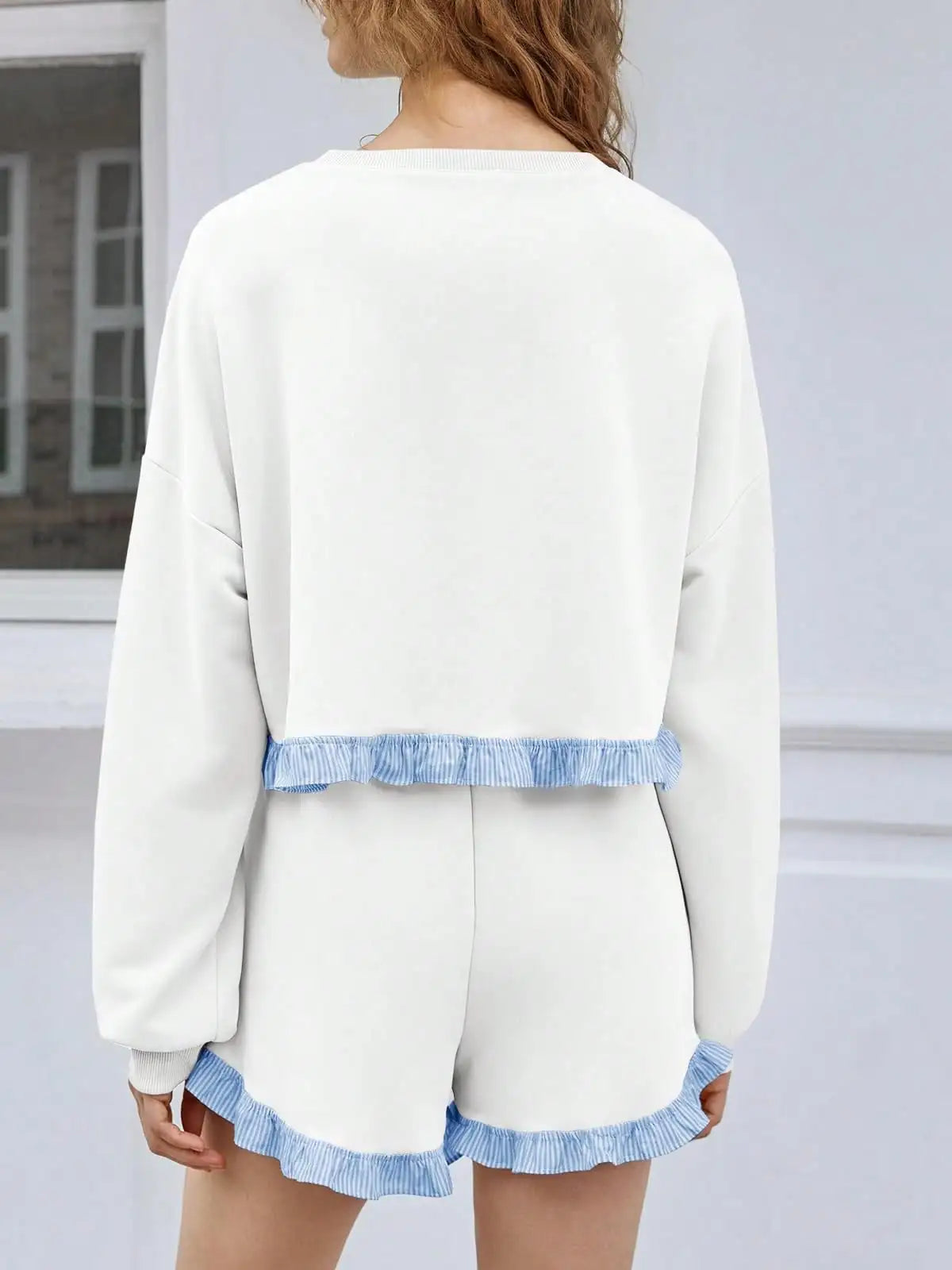 Fisoew Women's Y2K Aesthetic Lounge Set Prairie Chic Ruffle Trim Cropped Sweatshirt Drawstring Shorts