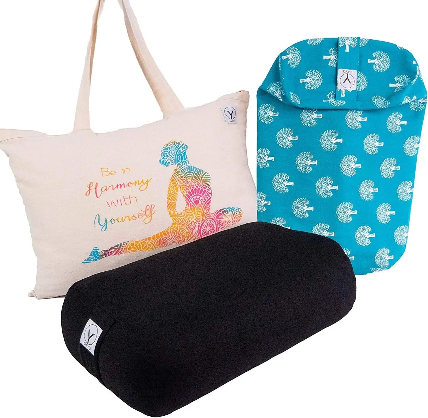 Yoga Bolster - Made with 100% Cotton, Yoga Pillow Set Includes Extra Washable Cover and Carry Bag