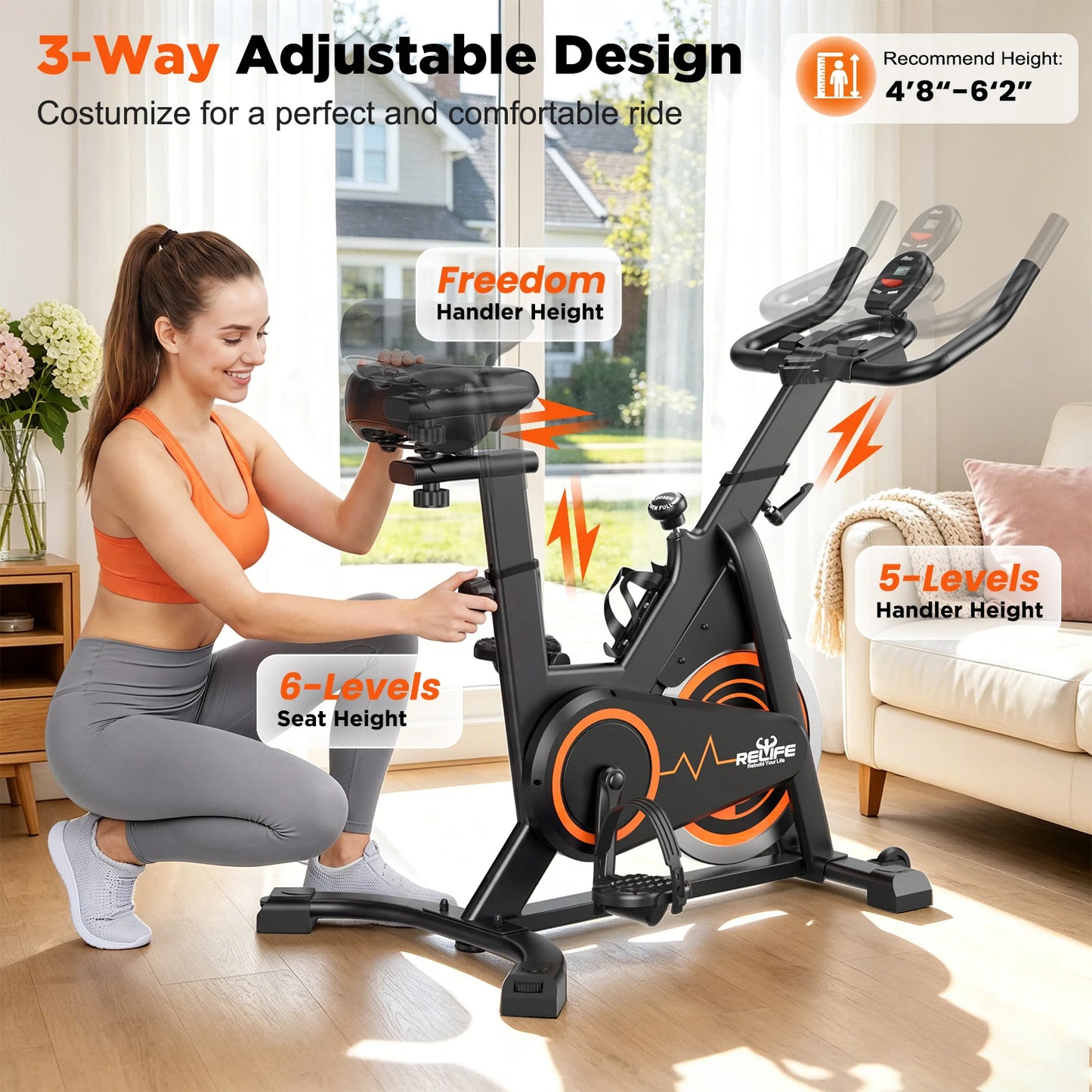 RELIFE Stationary Exercise Bike Silent Belt Drive Indoor Cycling Bike Adjustable Resistance Home Cardio Fitness Bike with LCD Monitor Tablet Holder