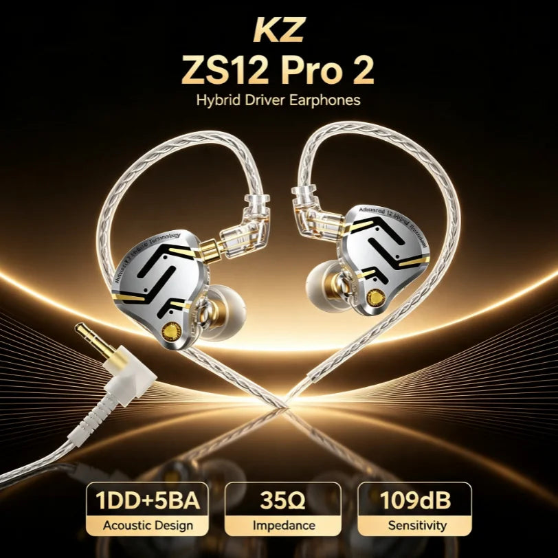 In Ear Monitor KZ ZS12 Pro 2 Hybrid 1DD+5BA Wired IEM Earphones with High Purity Silver Plated Detachable Cable, 3.5mm 2Pin HiFi Gaming Earbuds for Musicians Audiophiles