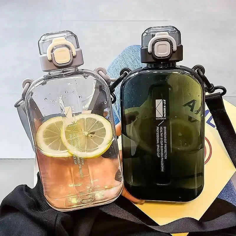 Flat Square Transparent Water Bottle With Adjustable Strap For Travel
