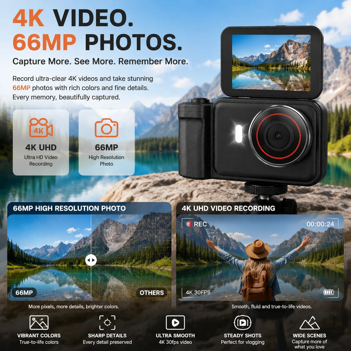 WO 4K Autofocus Digital Camera With Flip Screen For Travel