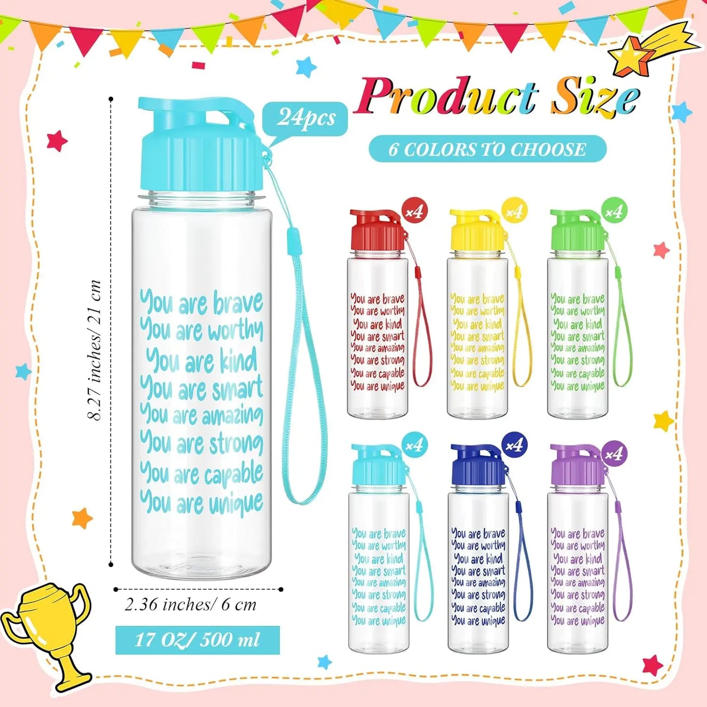 Motivational 24 Pack 17oz Water Bottles With Leak Proof Lids