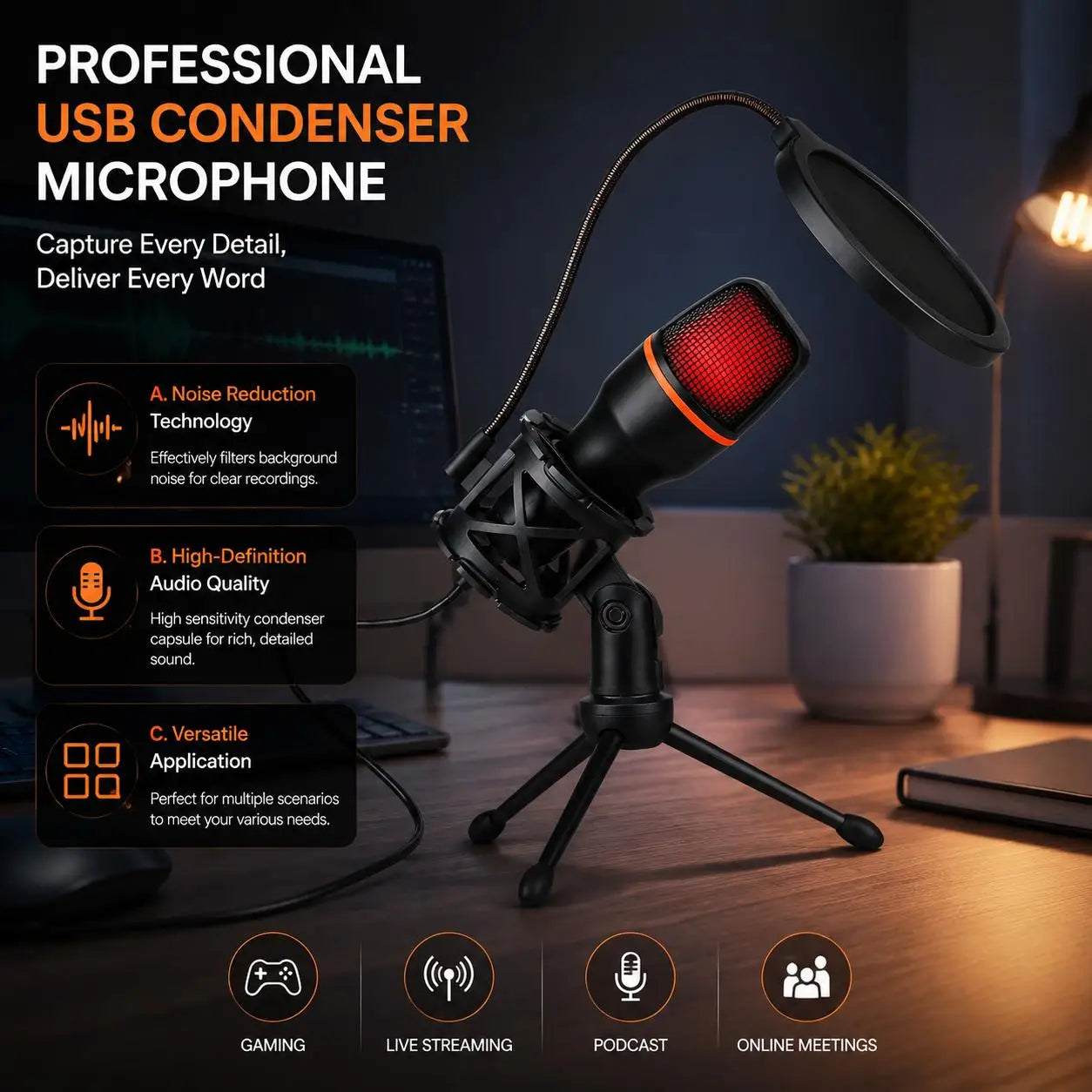 Professional Condenser Microphone Kit with Tripod Stand and RGB Lighting for Gaming and Streaming USB Microphone for YouTube Podcasts Video Studio Recording on PC Laptop Mac Desktop with Mute Button and Built in Voice Changer