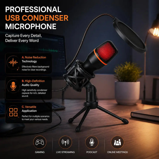 Professional Condenser Microphone Kit with Tripod Stand and RGB Lighting for Gaming and Streaming USB Microphone for YouTube Podcasts Video Studio Recording on PC Laptop Mac Desktop with Mute Button and Built in Voice Changer
