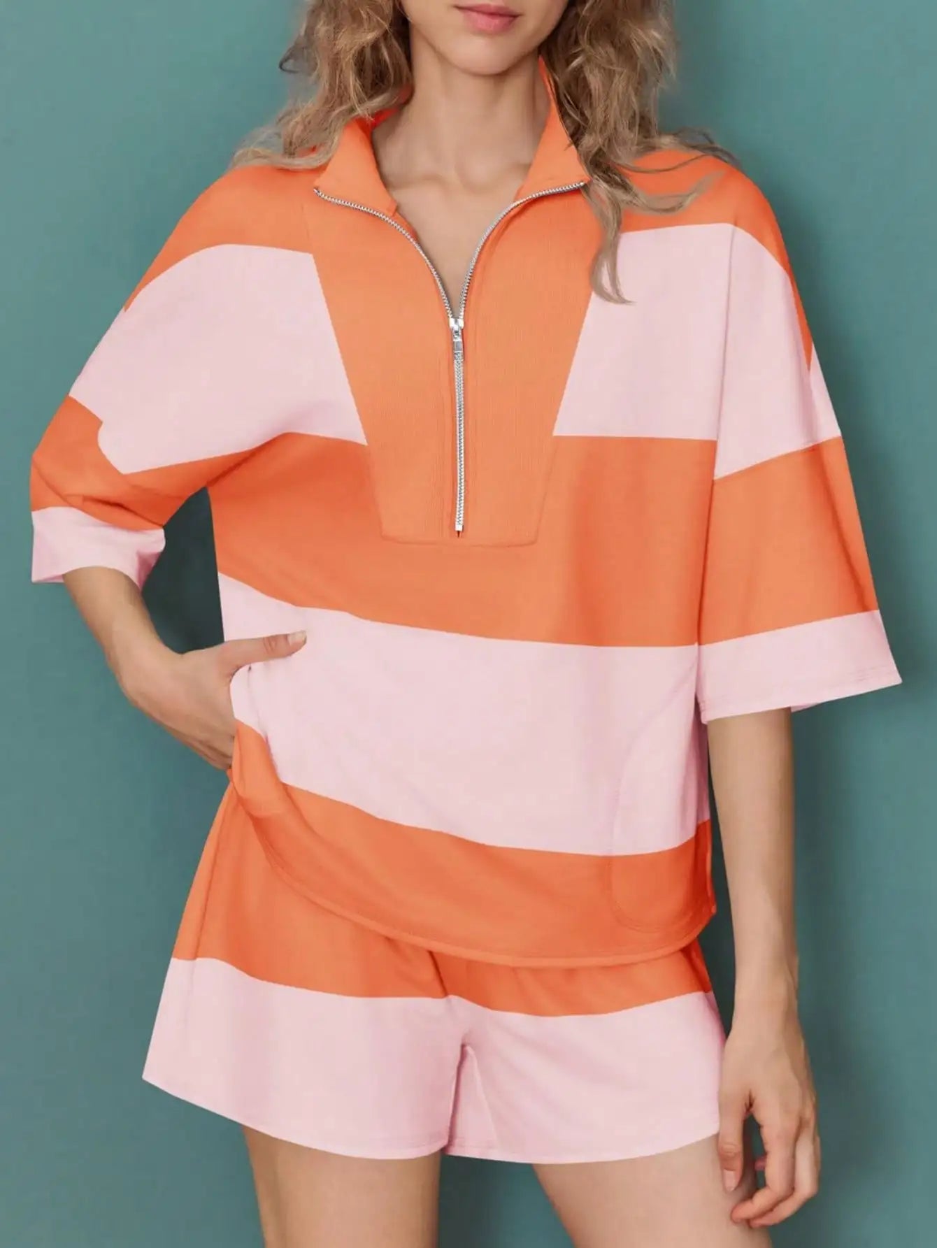Fisoew Casual Y2K Colorblock Half Zip Sweatshirt & High Waisted Shorts Set | 2025 Tracksuit Gym Wear Lounge Tennis Aesthetic Set
